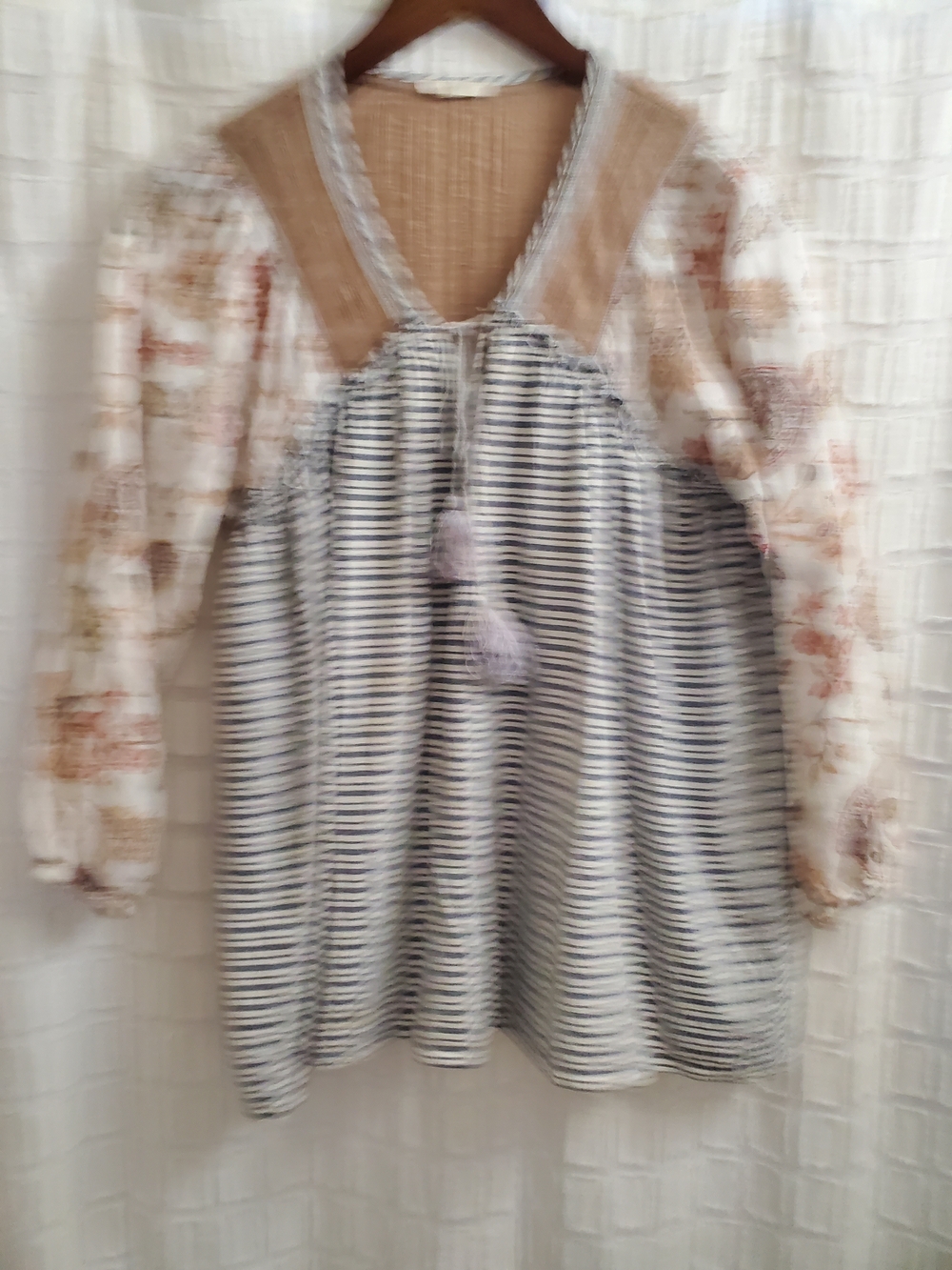 Striped Peasant Tunic with Floral Sleeves in Cream and Tan - Picture 2 of 4